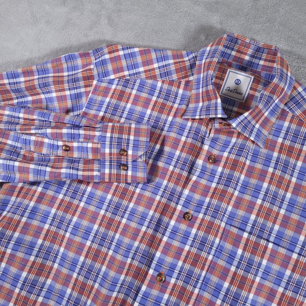 David Donahue Shirt Mens Large Blue Orange Plaid Button Up Long Sleeve Cotton